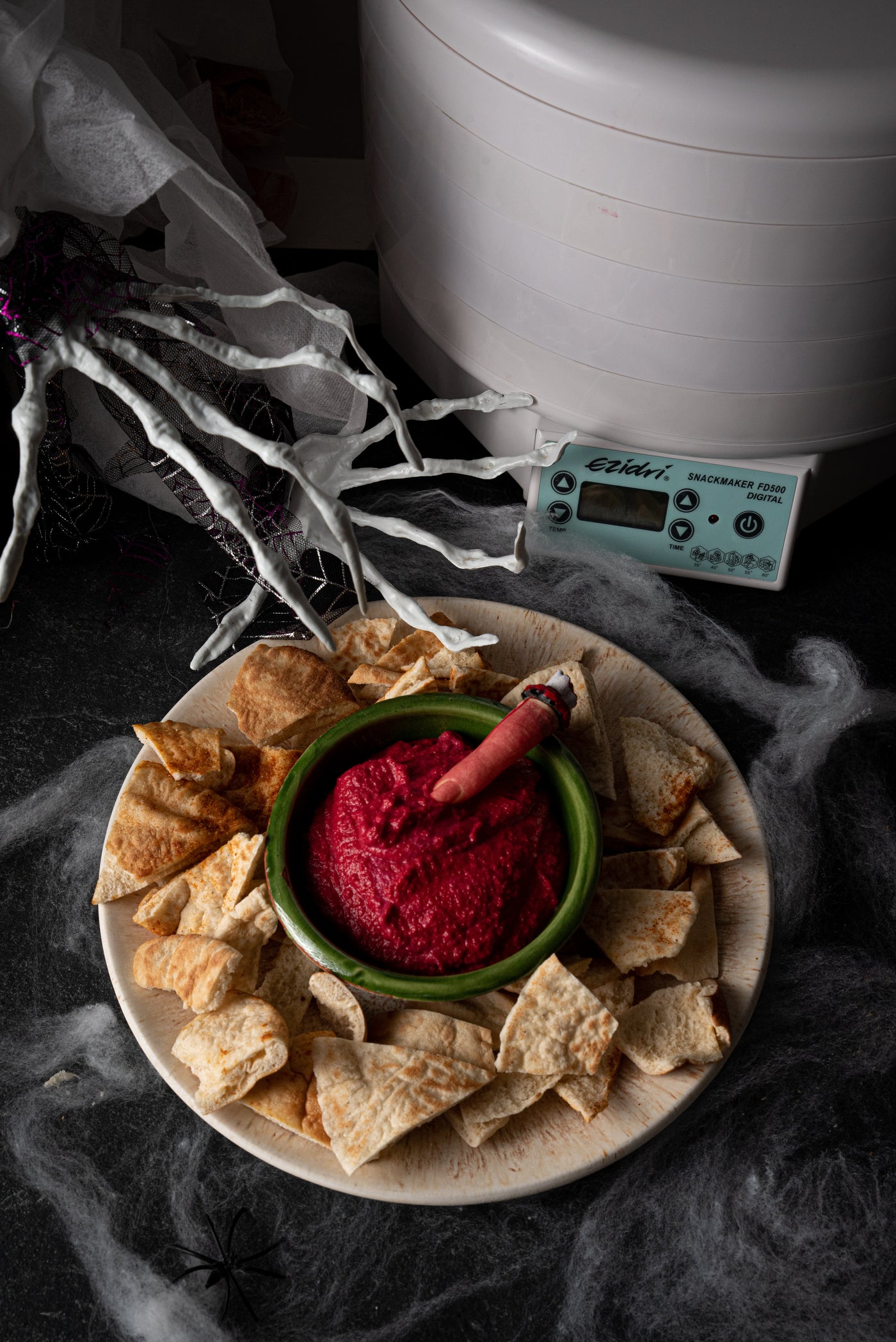 Halloween Dehydrated Pita Chips with “Blood Dip”